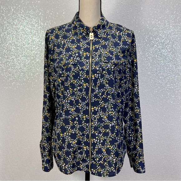 Michael Kors women’s floral print zip front blouse top navy blue size medium - Picture 11 of 11